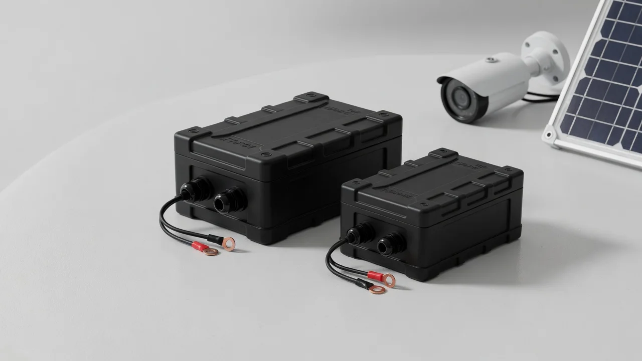 Two sealed outdoor LiFePO4 battery packs with a security camera and solar panel in the background