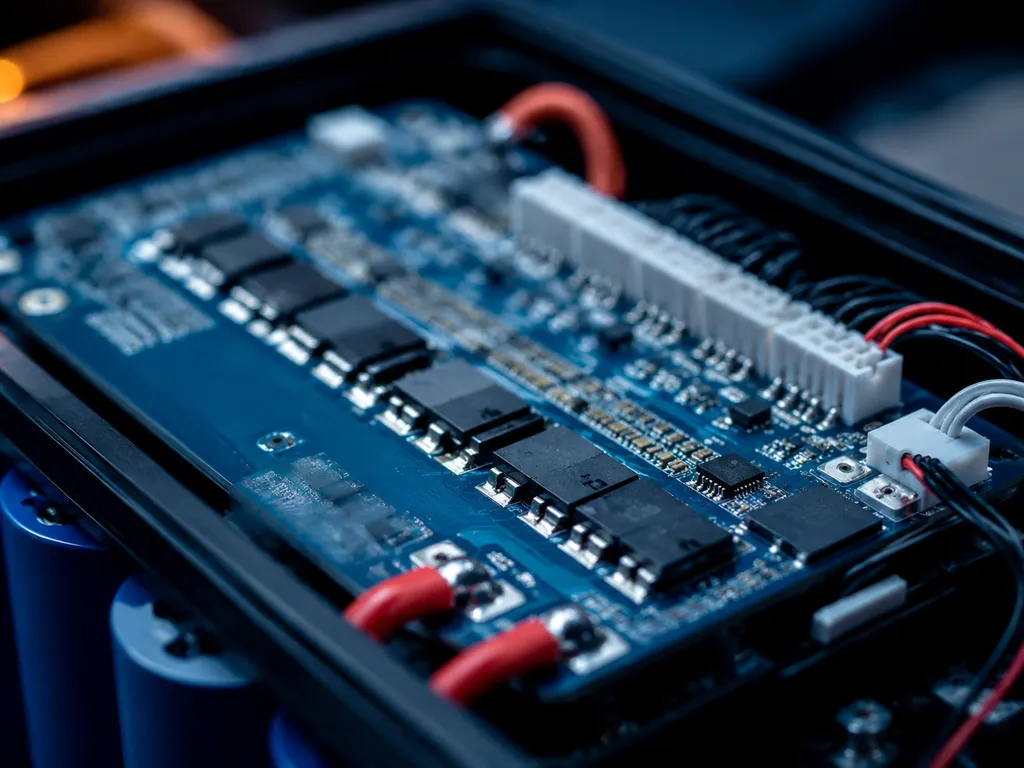 Close-up of a LiFePO4 battery pack BMS board with overcharge, over-discharge, and temperature protection