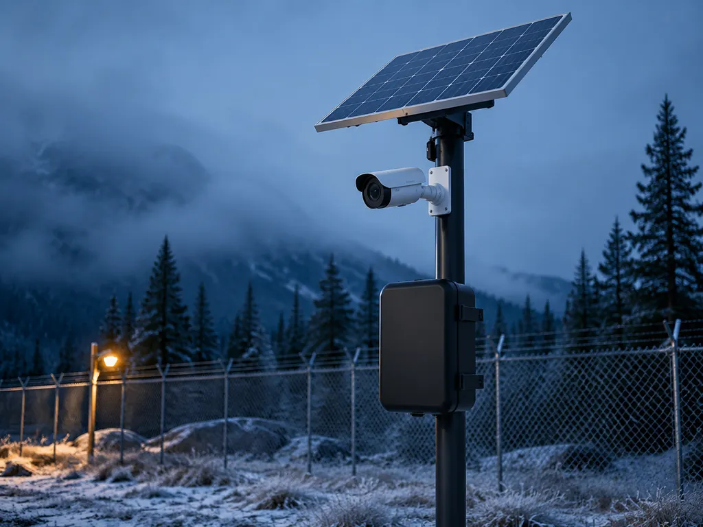Solar-powered outdoor CCTV camera on a pole with a solar panel and battery enclosure at a remote site