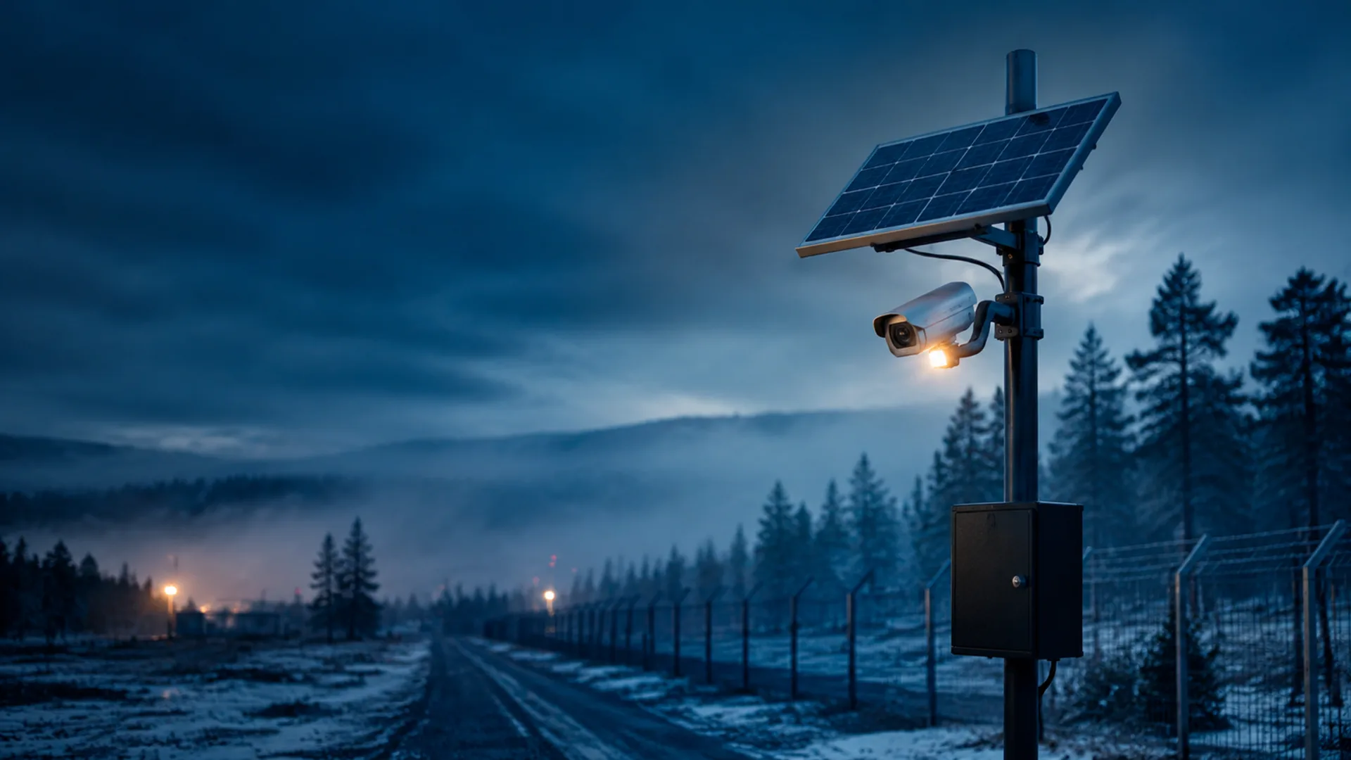 Off-grid solar CCTV security camera with battery enclosure on a cold-climate perimeter road