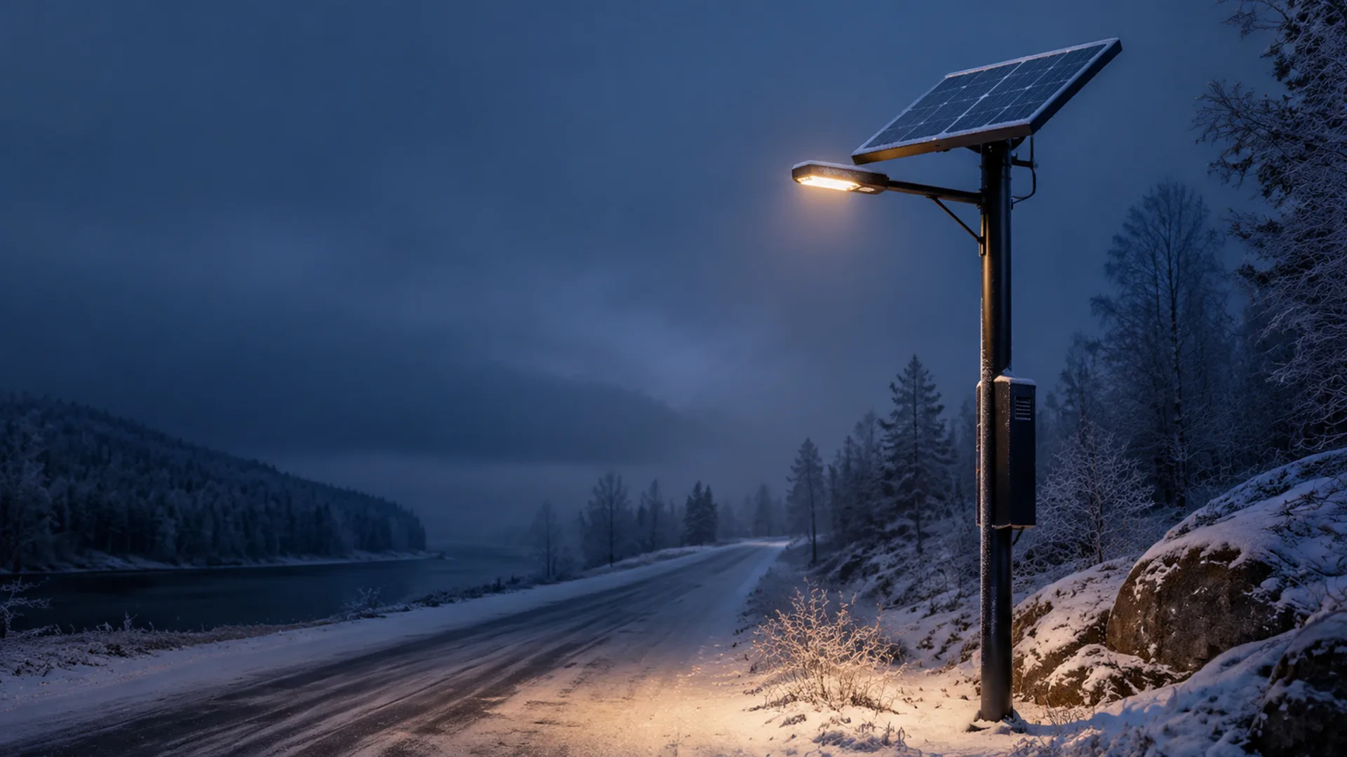 Solar street light with battery housing illuminating a snowy cold-climate road at dusk
